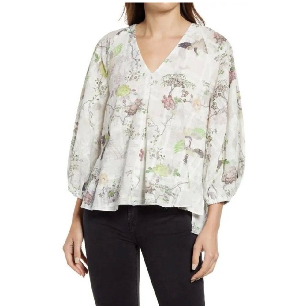 All Saints Joelle Amare Floral Cotton Top in White Size 6. B5